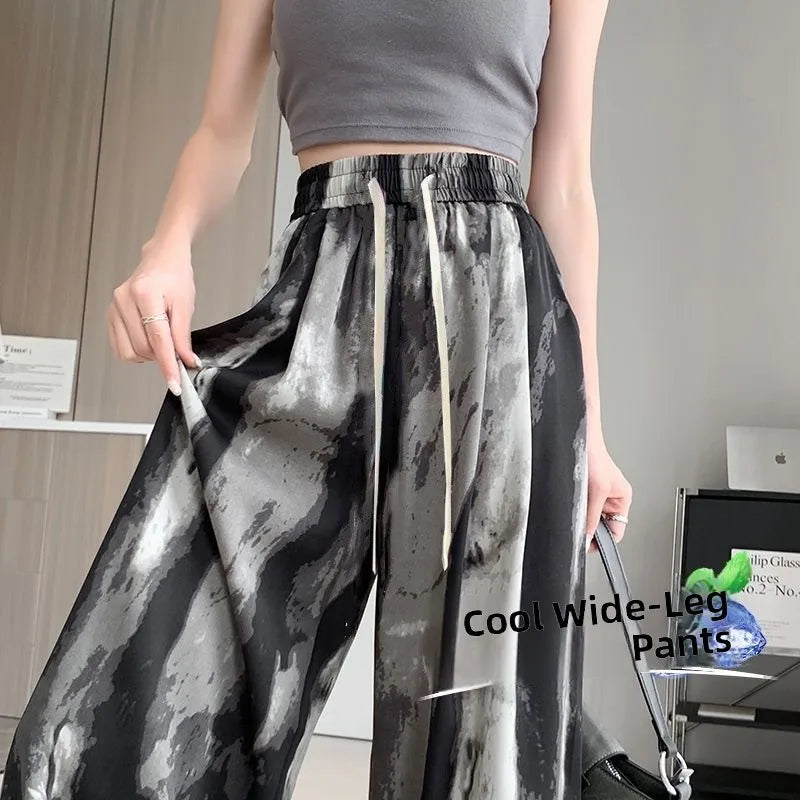 Summer Women's Ice Silk Wide Leg Pants Narrow Straight Casual Cool Pants Sunscreen Mosquito Proof High Waist Long Trousers