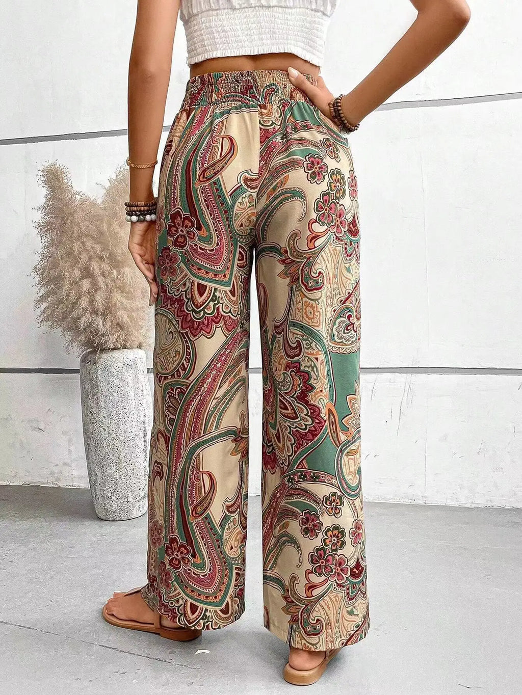 Fashion Vintage Print Wide-leg Pants Women Casual High-waisted Trouser Spring Summer  Ladies Clothes Loungewear