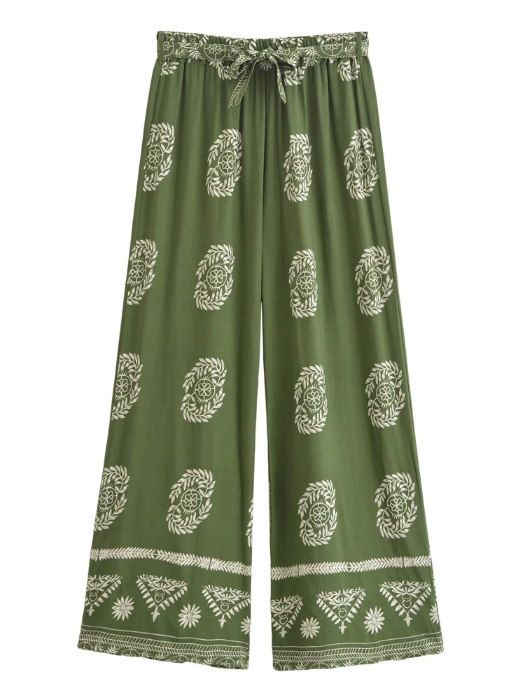 Boho Queens Women Floral Bohemian Wide Leg Holiday Pants with Pockets Lady Elastic Waist Loose Vacation Boho Pants Trousers