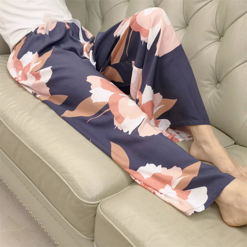 Loungewear Women Summer Pants Thin Bottoms Large Size Home Wear Pants Flower Print Loose Cute Trousers