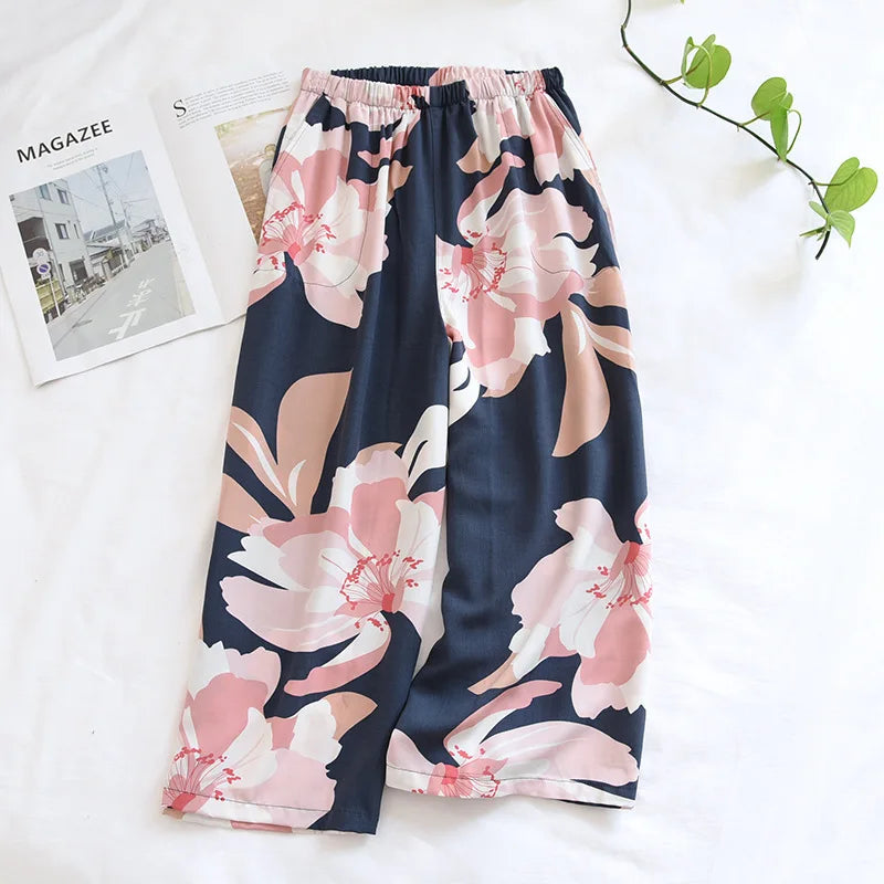 Summer new women's 100% viscose pajama pants cropped pants thin loose wide leg pants home pants pajama plus size cute shorts