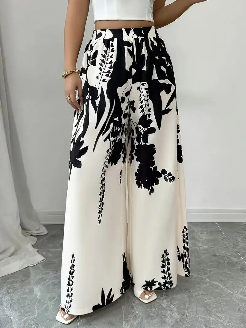 Women's Tropical Print Wide-Leg Pants, Elastic Waist Design, Slim Fit for Casual Vacation Wear