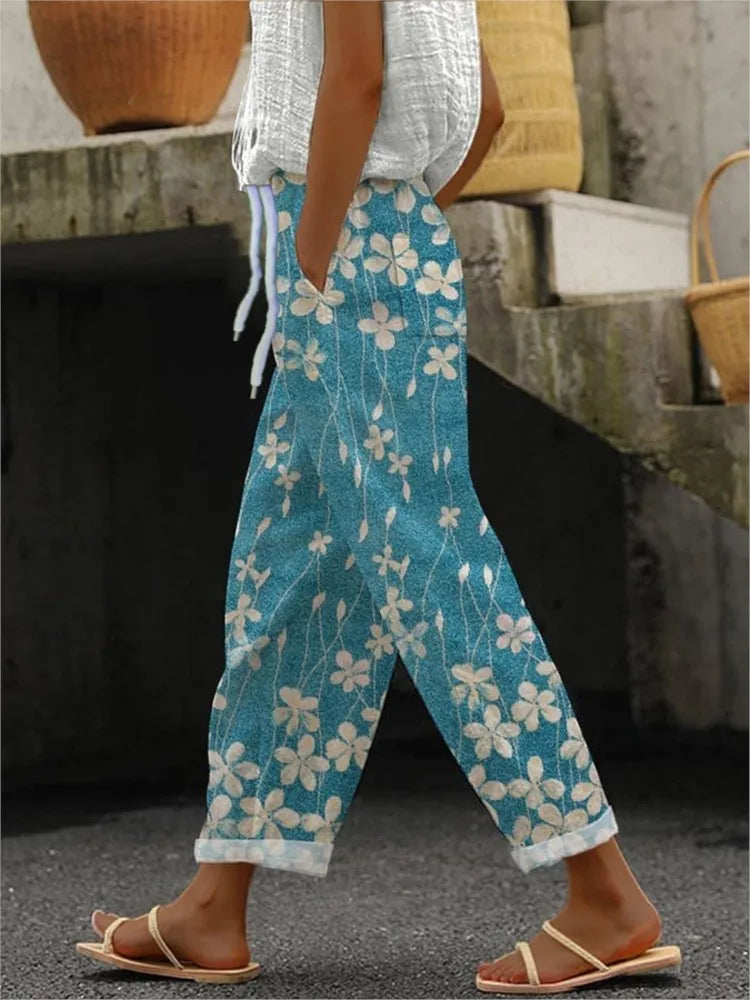 Fashion Floral Print Pants Lady Casual Pockets Mid Waist Straight Ankle-Length Pants For Women Holiday Y2k Womens Clothing New