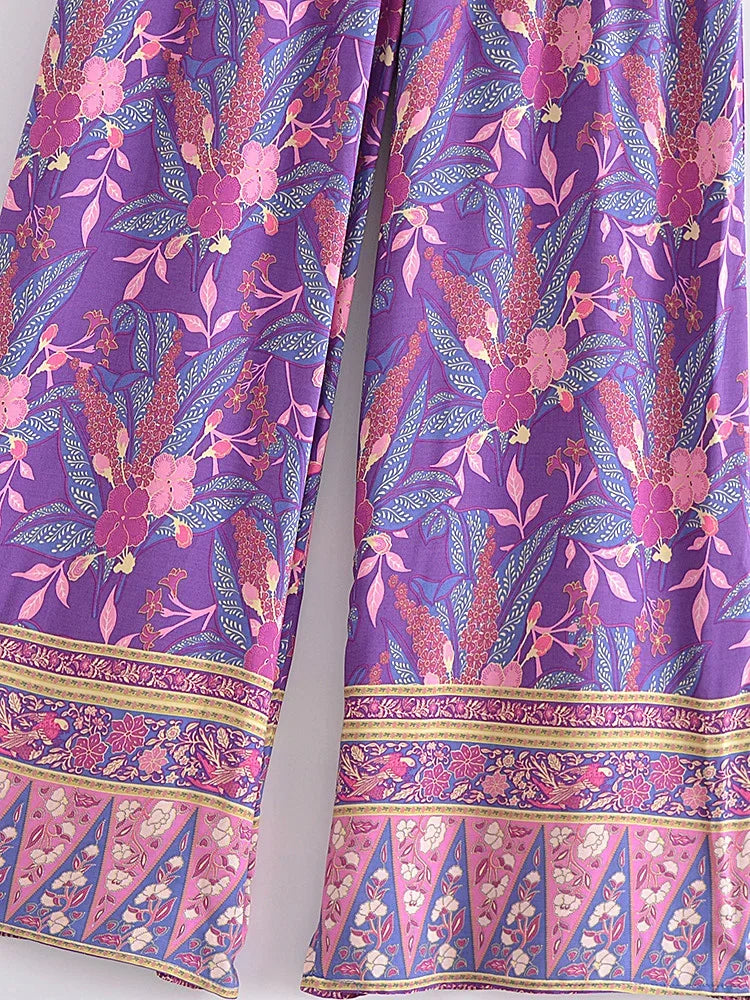 Boho Queens Autumn Women Purple Floral Print Bohemian Wide Leg Pants Lady Gothic Elastic Waist Loose Boho Pant Holiday Trousers