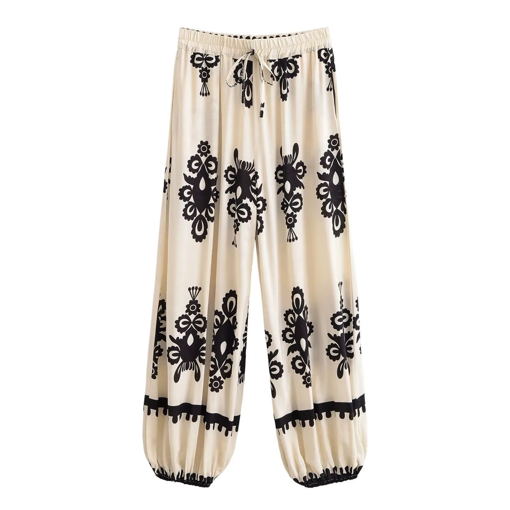 Vintage Chic 2025 Autumn Fashion Green Floral Print Baggy Pants Women Bloomers Casual Mid Waist Side Pockets Loose Yoga Trousers