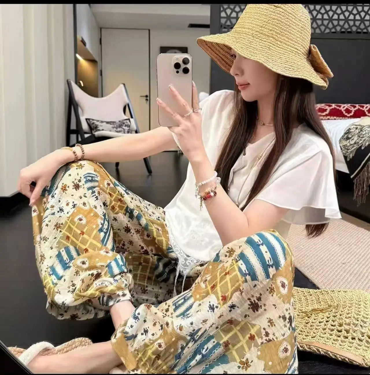Printed Wide Leg Pants Women Summer Loose Casual Long Trousers Retro Artistic Style Quality Pants Comfortable Cotton Blend
