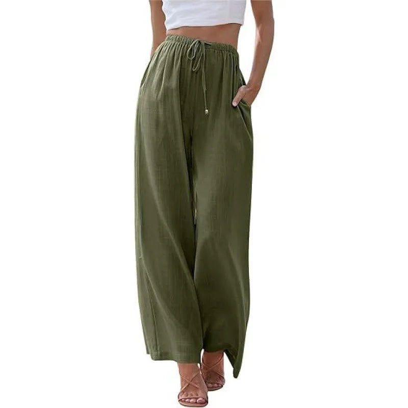 Women's Summer Linen Wide Leg Pants High Waist Elastic Drawstring Casual Loose Palazzo Trousers with Pockets
