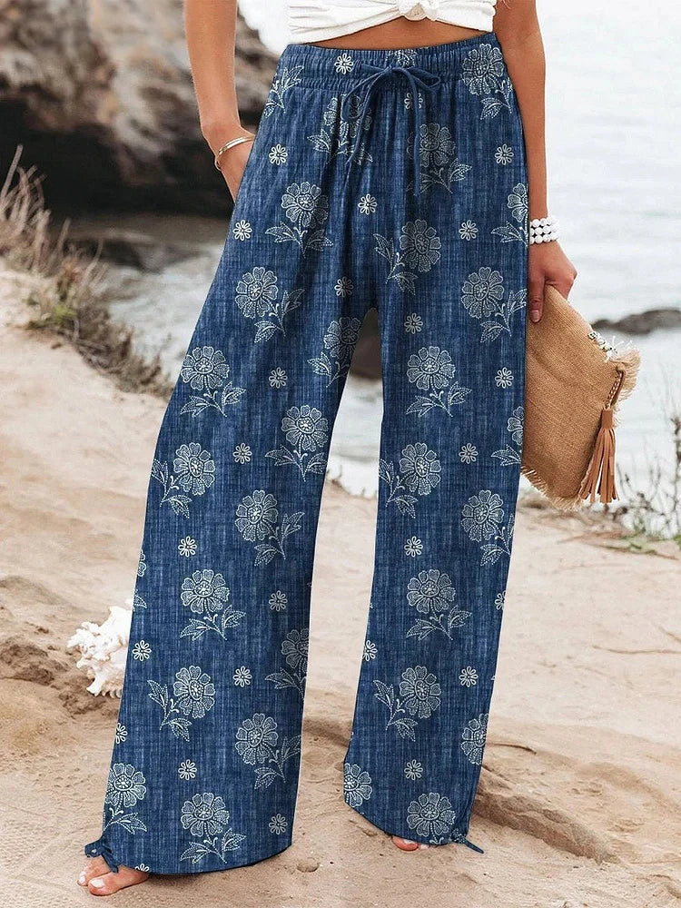 New Women's Drawstring Relaxed-Fit Casual Pants 3D Floral Print Comfortably Chic Wide-Leg Pants