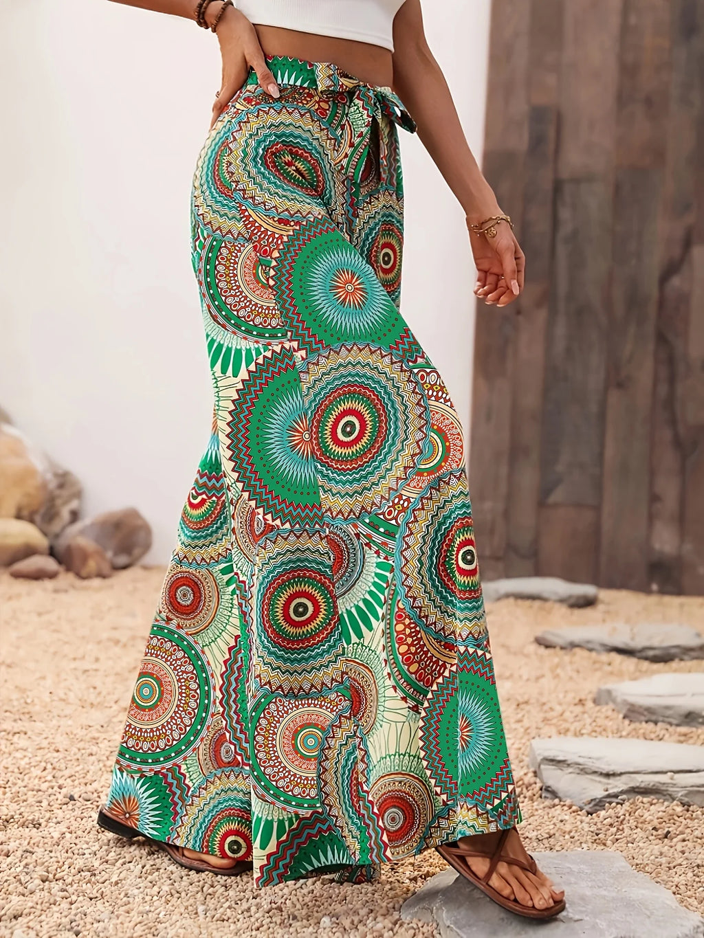 Women's casual vacation comfortable bohemian style printed elastic waist wide leg strap pants long pants