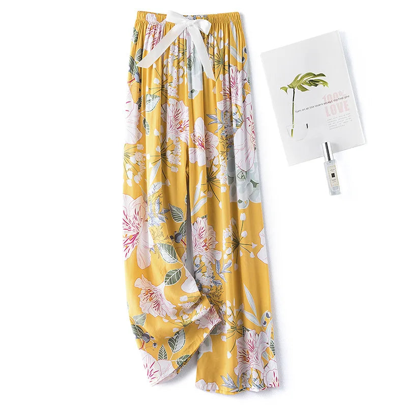 New Ladies Pants Viscose Pajama Sleep Bottoms Thin Loose Large Size Pants Women Pants Home Clothes Loungewear Floral Sleepwear
