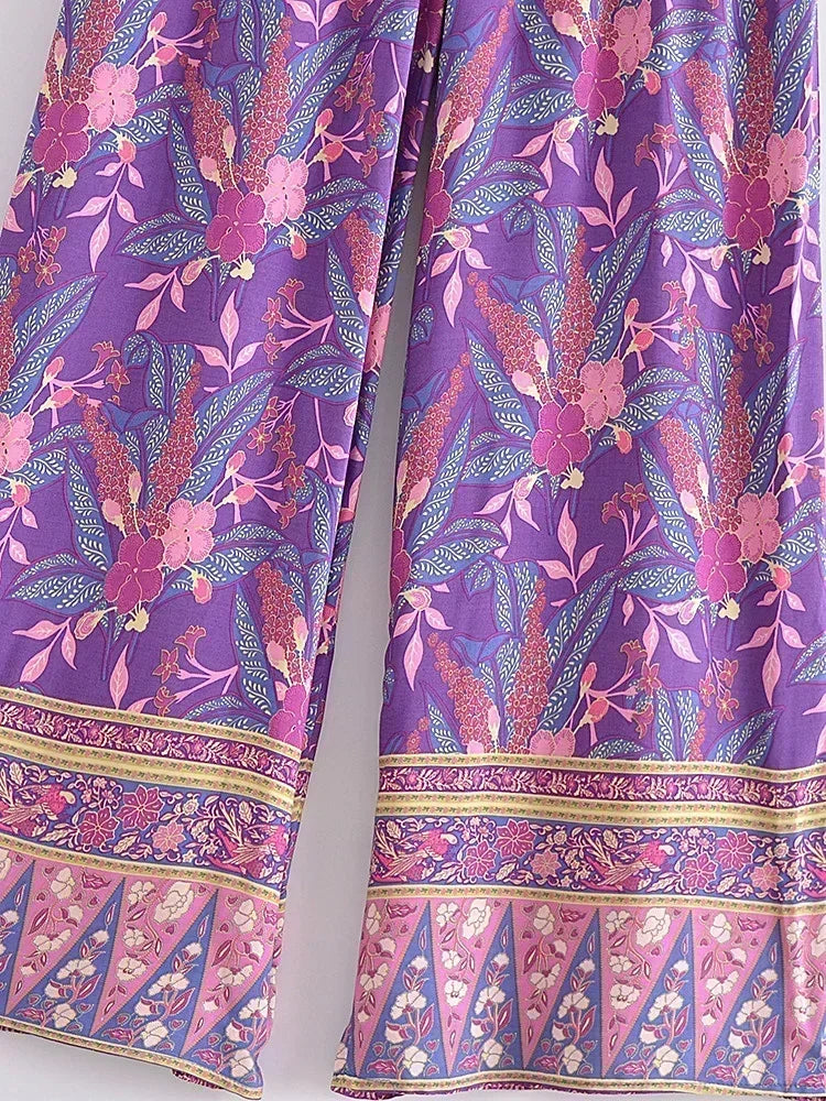 Boho Queens Autumn Women Purple Floral Print Bohemian Wide Leg Pants Lady Gothic Elastic Waist Loose Boho Pant Holiday Trousers