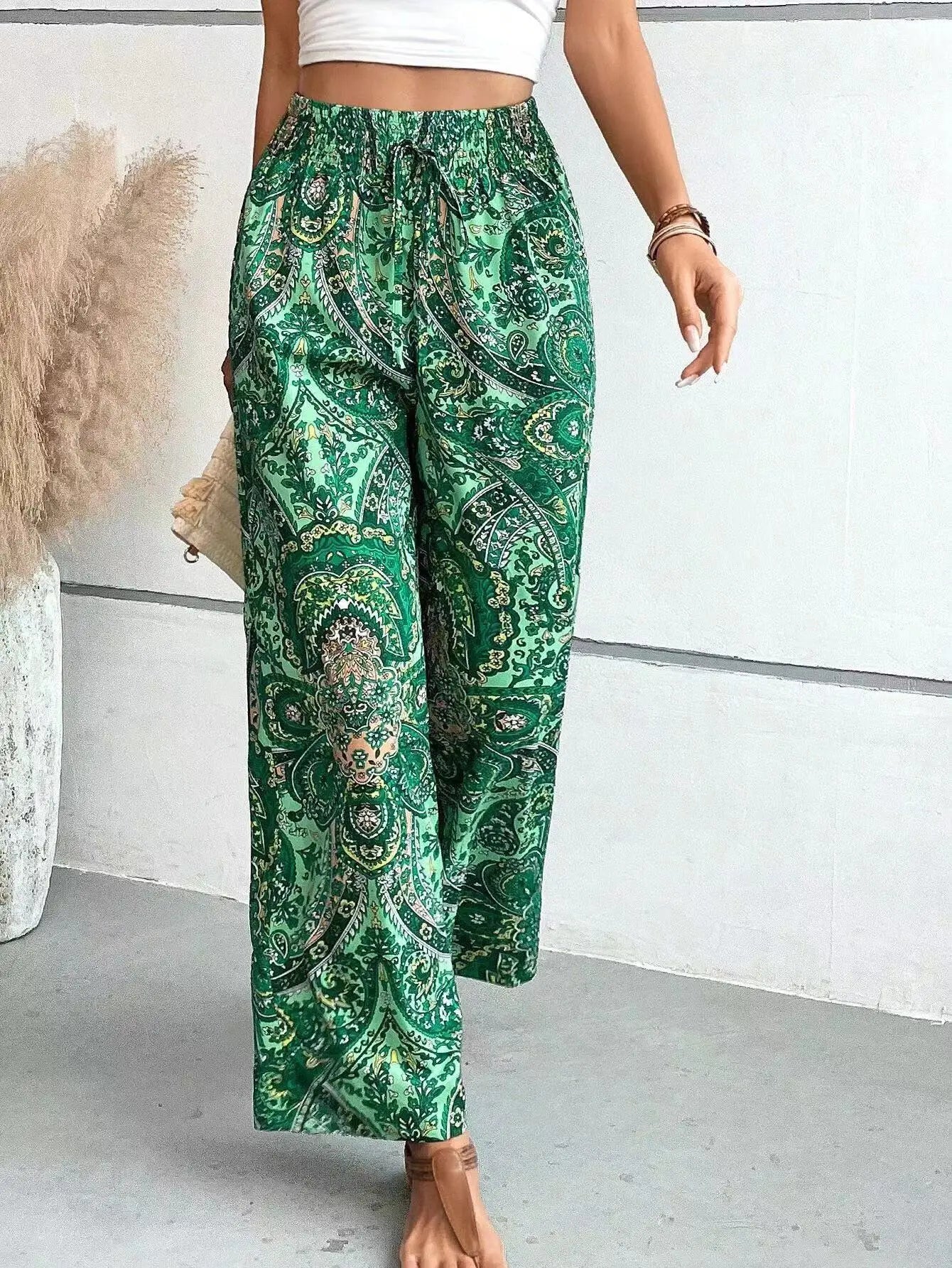 Fashion Vintage Print Wide-leg Pants Women Casual High-waisted Trouser Spring Summer  Ladies Clothes Loungewear