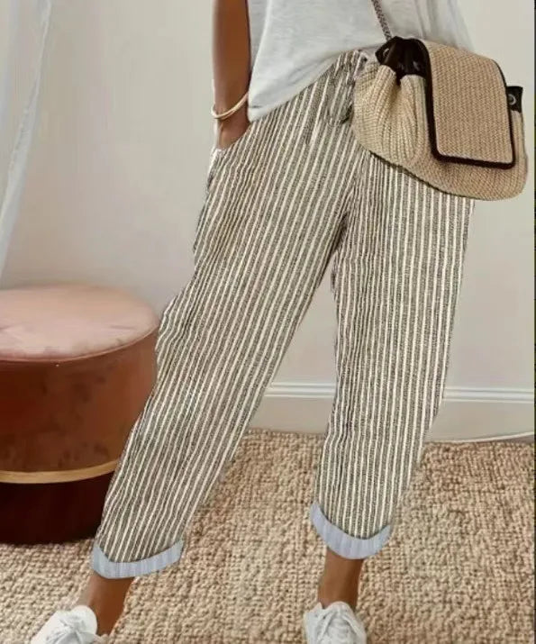 Women's Summer New Fashionable Loose Stripe Printed Elastic Waist Drawstring Casual Pants