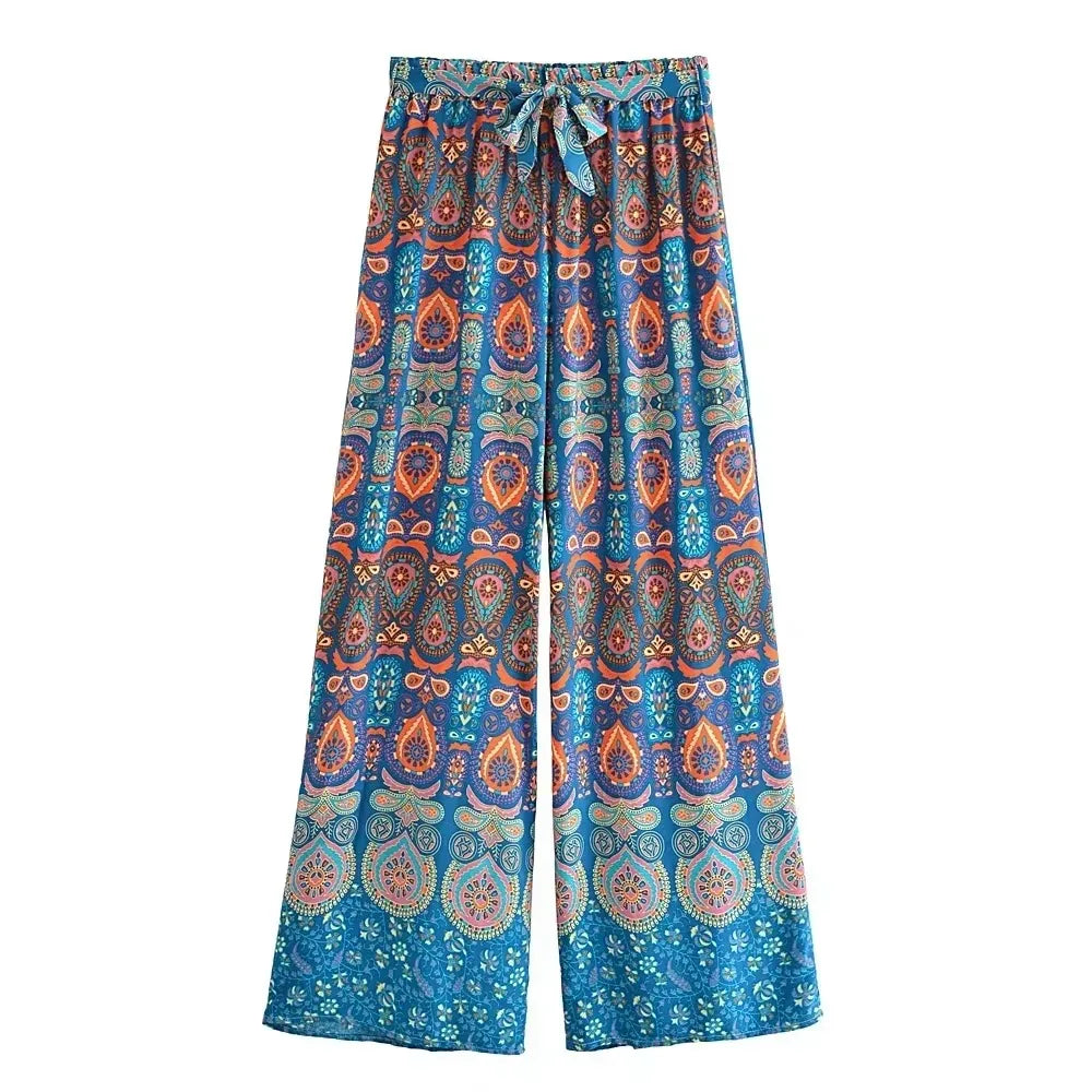 Boho Queens Women Red Floral Print Bohemian Wide Leg Pant Lady Gothic Elastic Waist Loose Rayon Long Boho Pants Casual Trousers