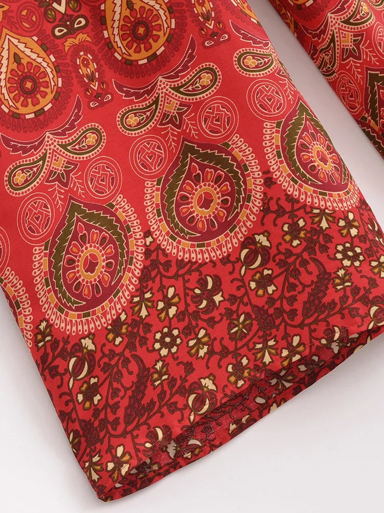 Boho Queens Women Red Floral Print Bohemian Wide Leg Pant Lady Gothic Elastic Waist Loose Rayon Long Boho Pants Casual Trousers