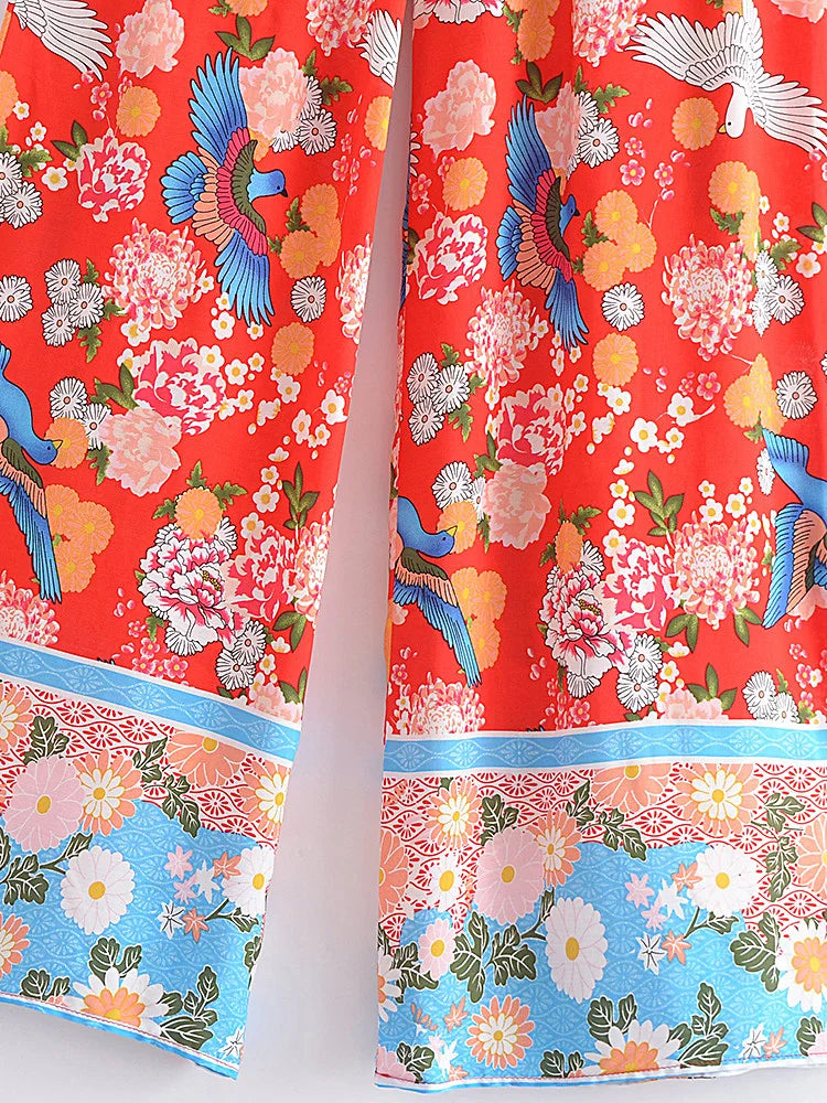 Happie Queens Women Floral Print Bohemian Wide Leg Pants Lady Elastic Waist Loose Rayon Boho Long Pants Beach Casual Trousers