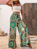 Women's casual vacation comfortable bohemian style printed elastic waist wide leg strap pants long pants
